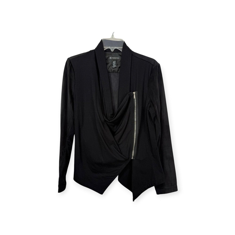 INC Womens Black Asymmetrical Soft Draped Moto Jacket Biker Goth Sz Lg EUC